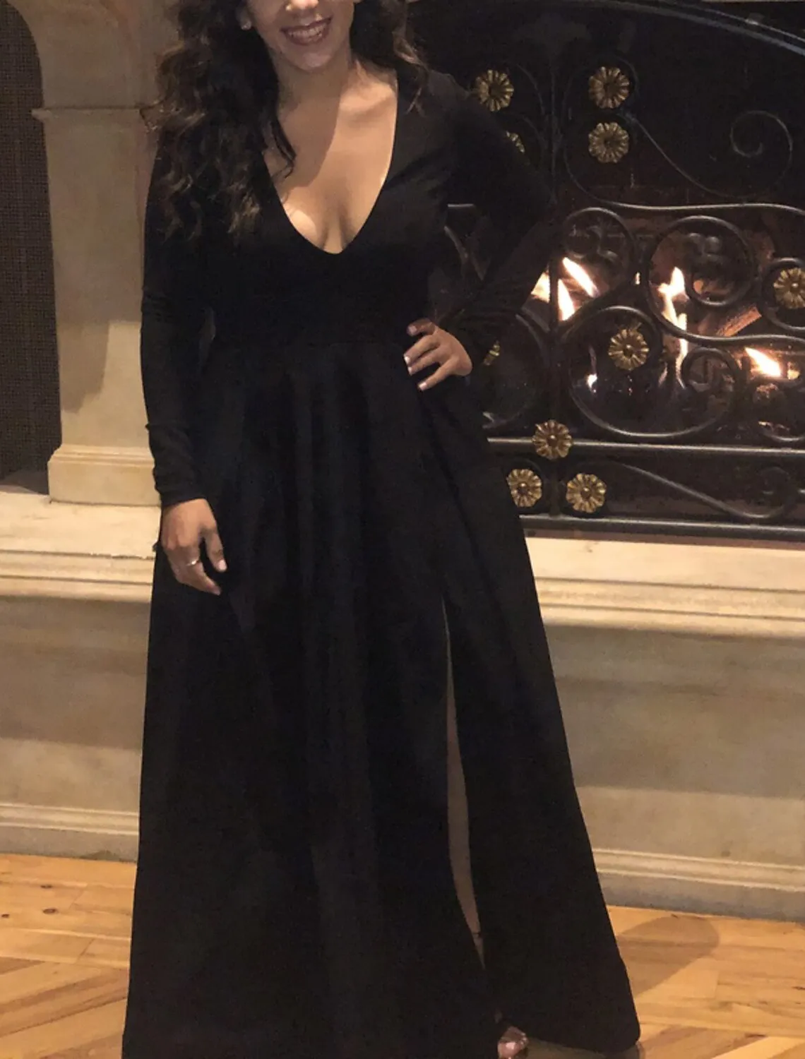 Ball Gown Elegant High Split Prom Formal Evening Dress V Neck Long Sleeve Floor Length Spandex with Pleats Slit