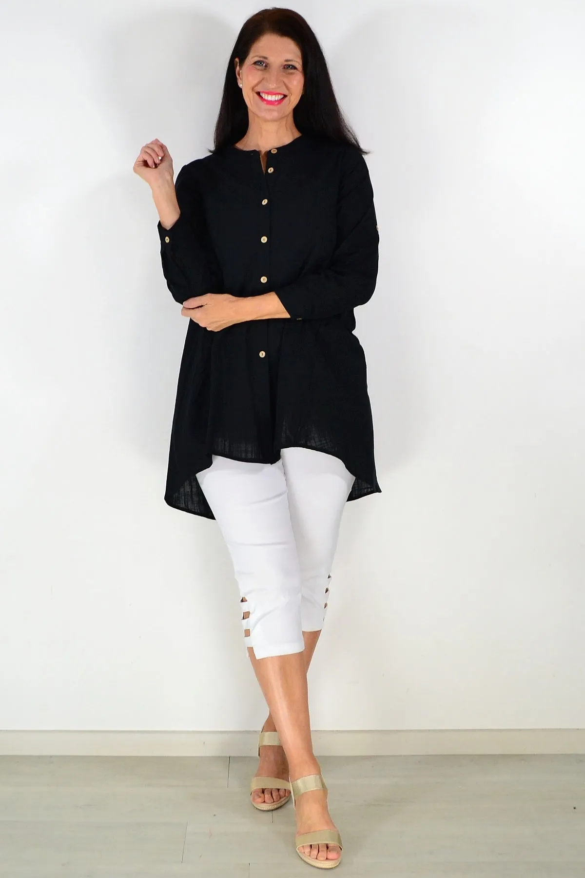 Block Black Button Up Shirt Tunic