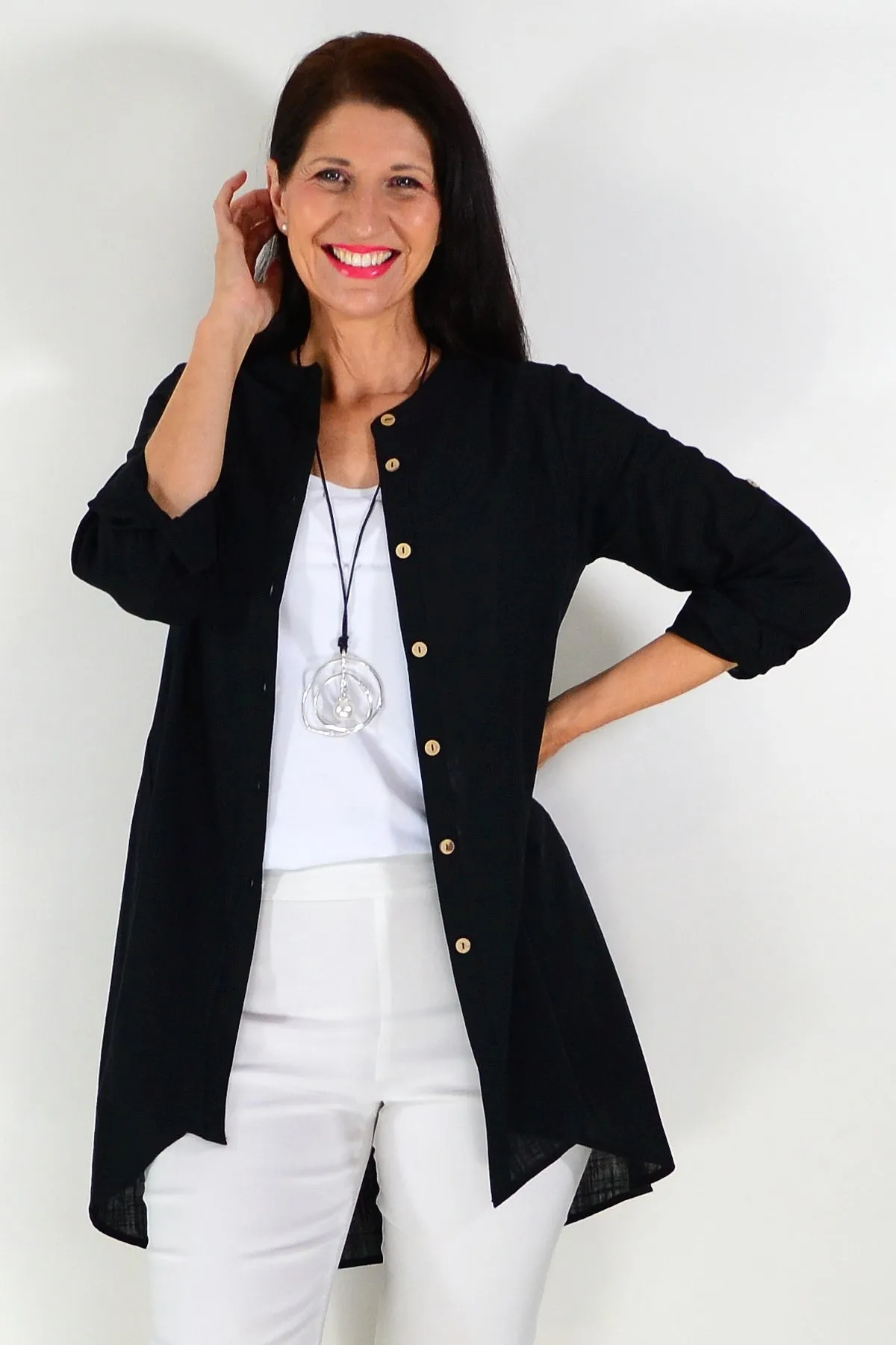 Block Black Button Up Shirt Tunic