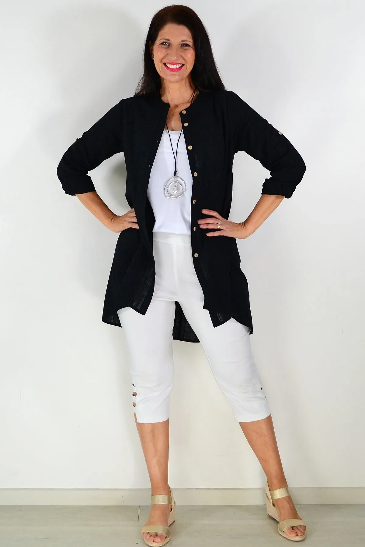 Block Black Button Up Shirt Tunic