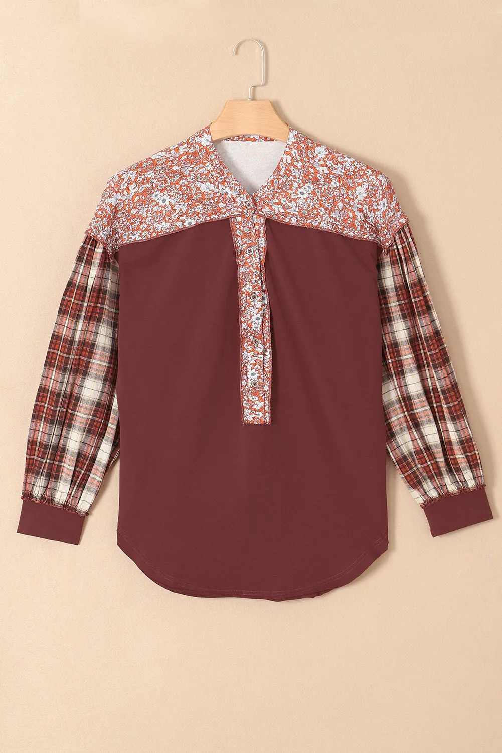 Boho Red Patchwork Floral Plaid Bishop Sleeve Top