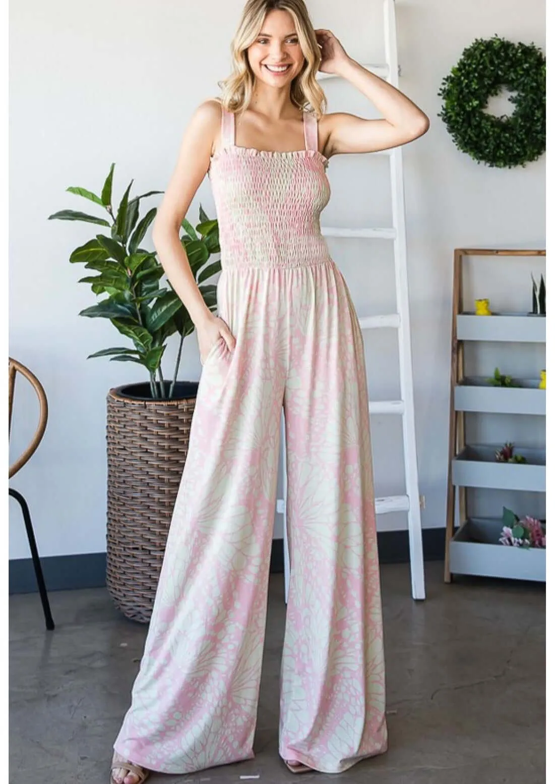 Butterfly Print Smocked Bodice Knit Jumpsuit - CLEARANCE FINAL SALE