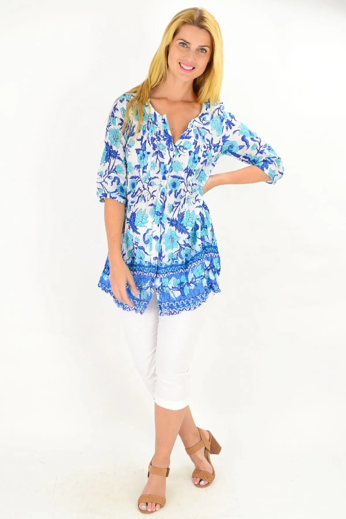 Button up Floral Tunic Blouse