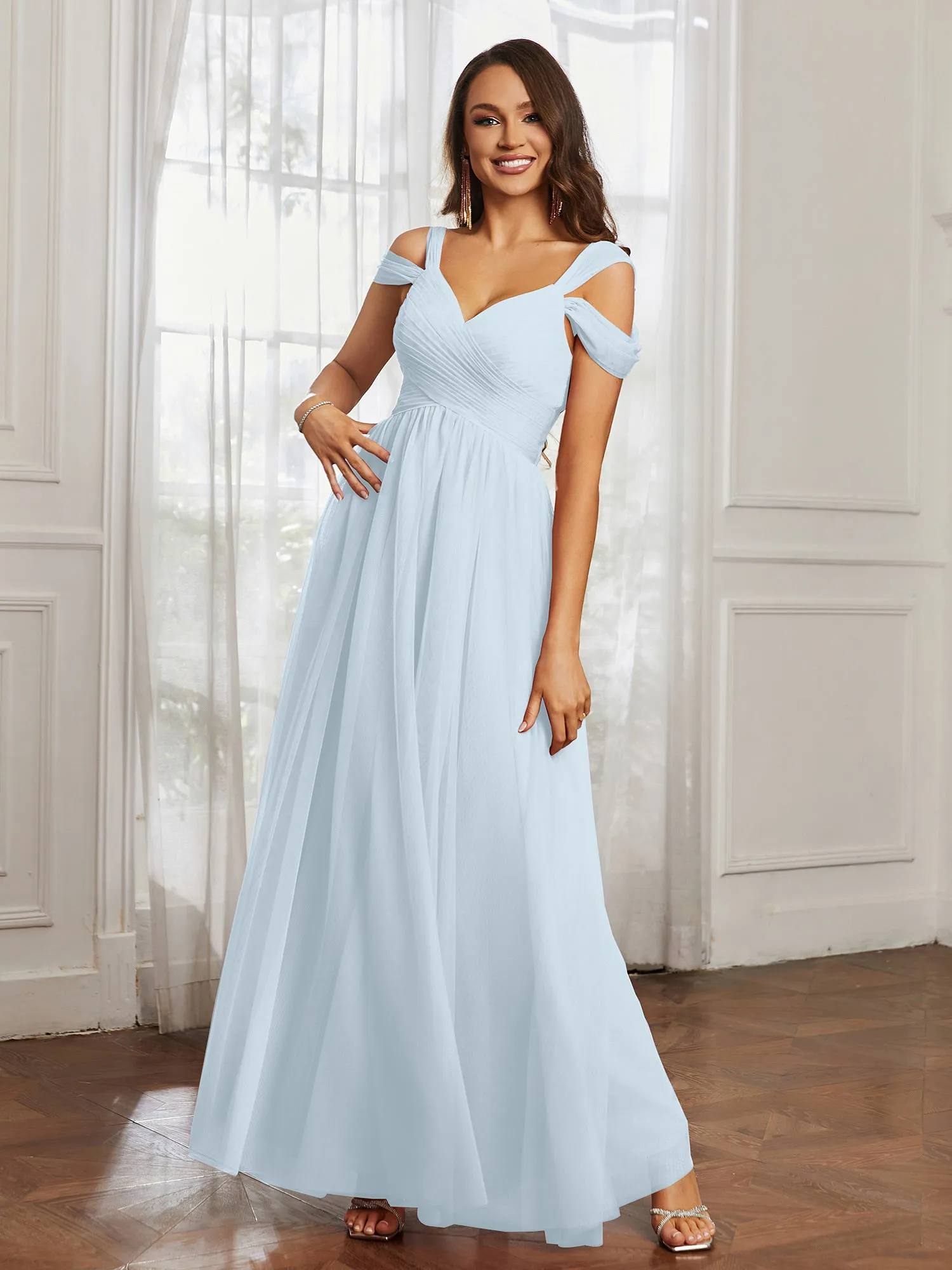 Cap Sleeve Tulle Ruched Floor-length Dress Mist Plus Size