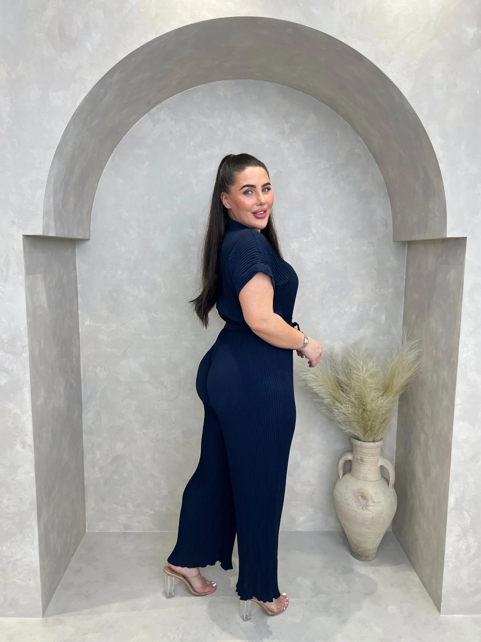 Curve Navy Ribbed Effect Belted Jumpsuit