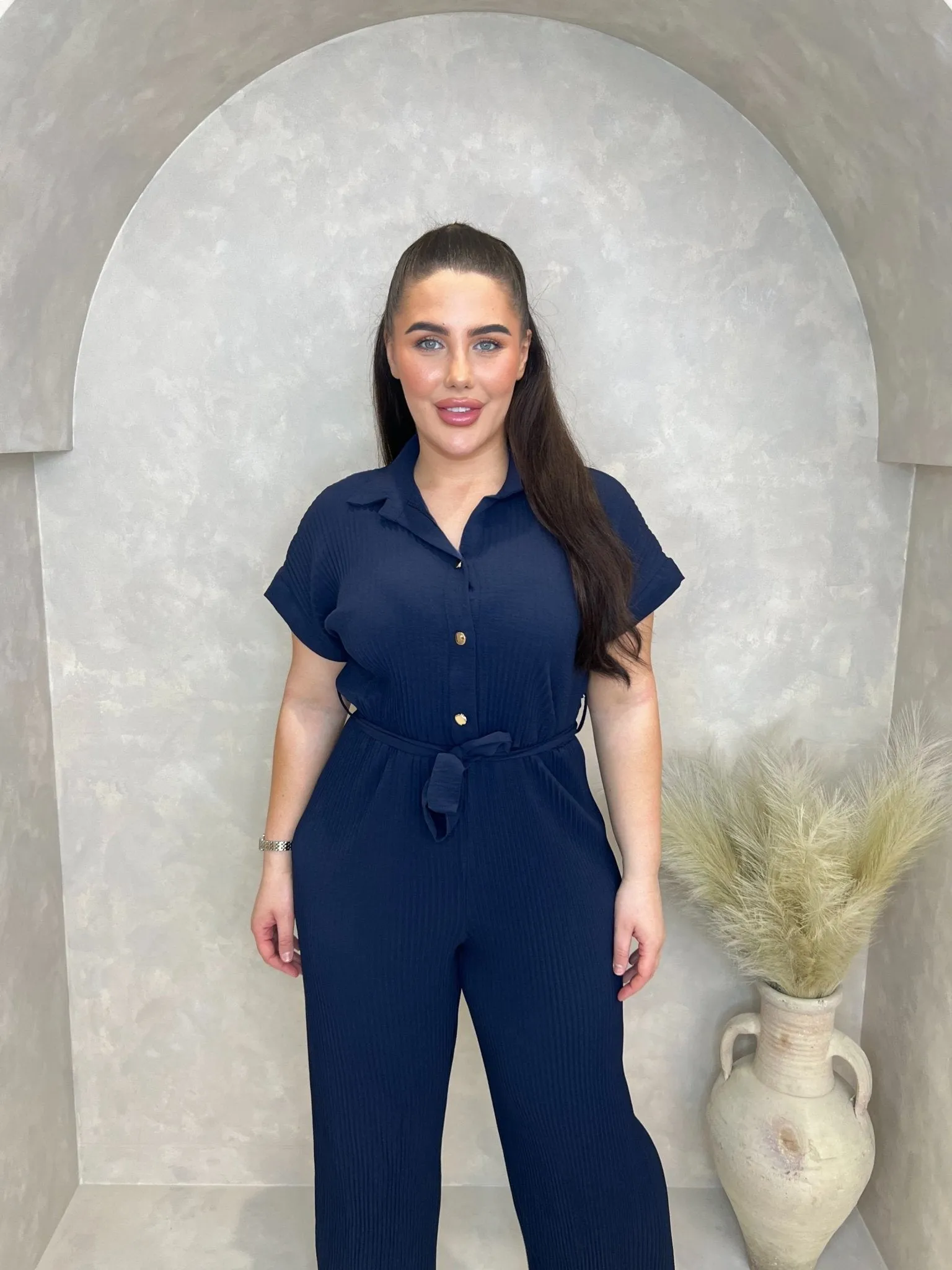 Curve Navy Ribbed Effect Belted Jumpsuit