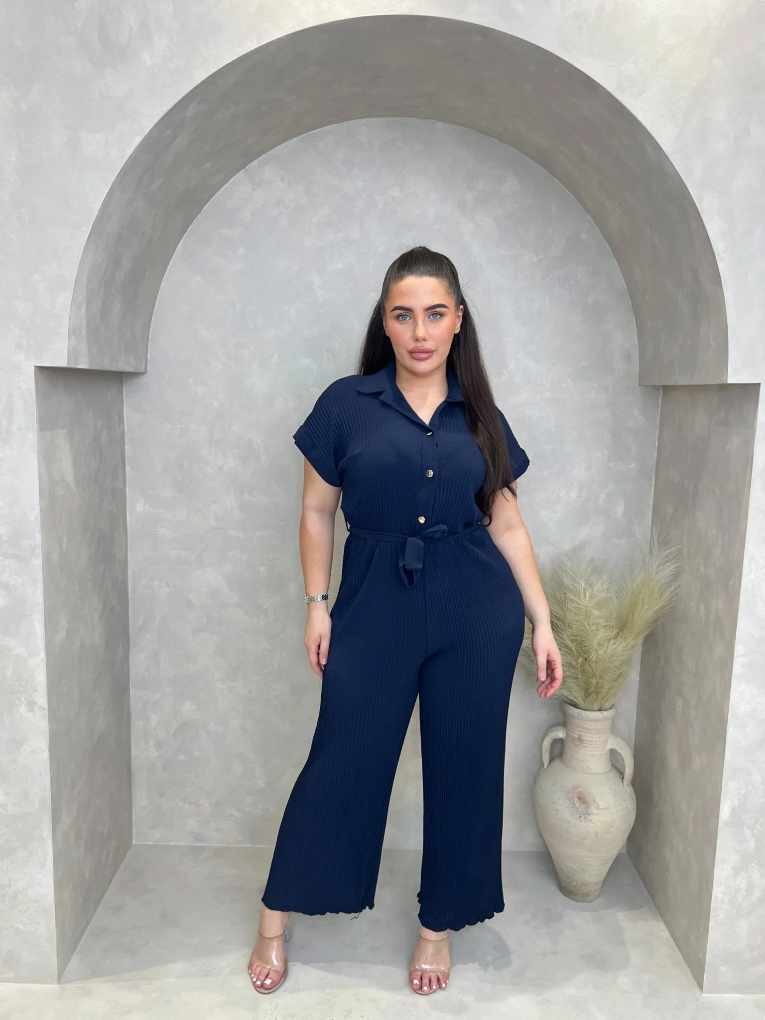 Curve Navy Ribbed Effect Belted Jumpsuit