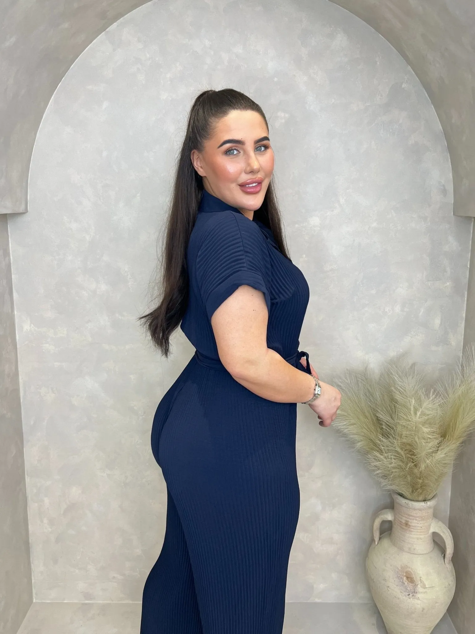 Curve Navy Ribbed Effect Belted Jumpsuit