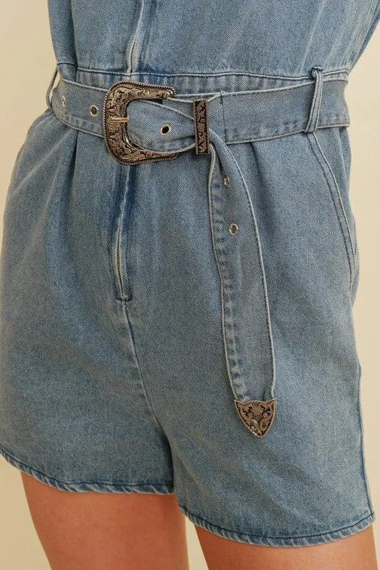 Denim Sleeveless Zip Up Belted Jean Romper