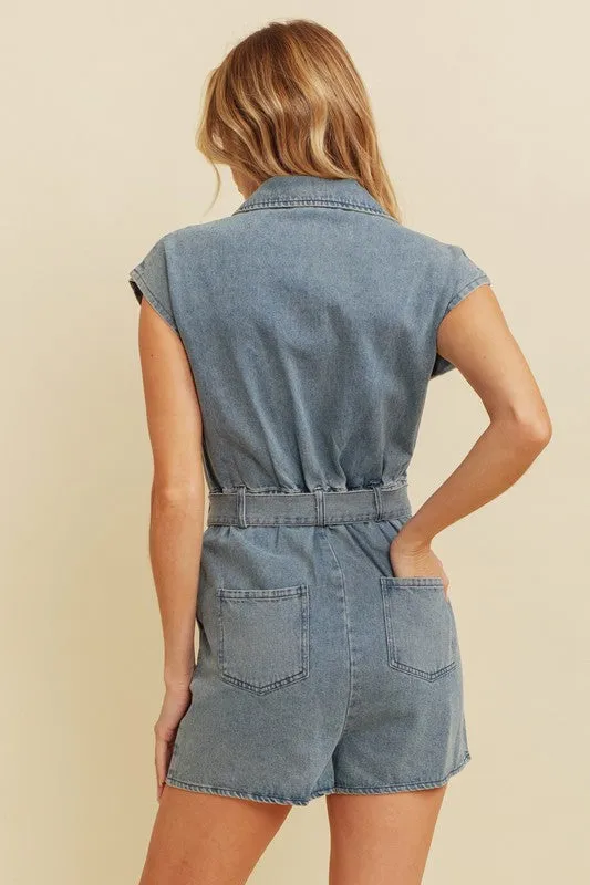 Denim Sleeveless Zip Up Belted Jean Romper