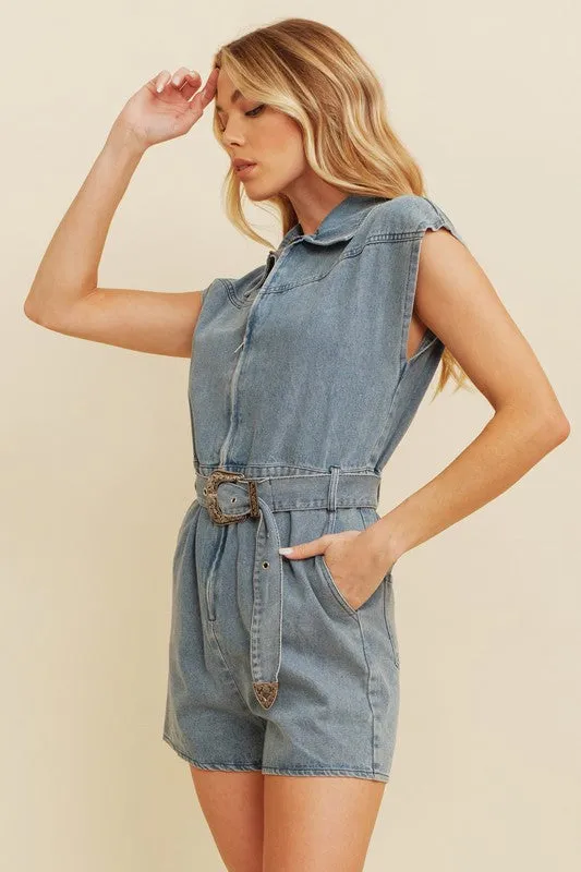 Denim Sleeveless Zip Up Belted Jean Romper
