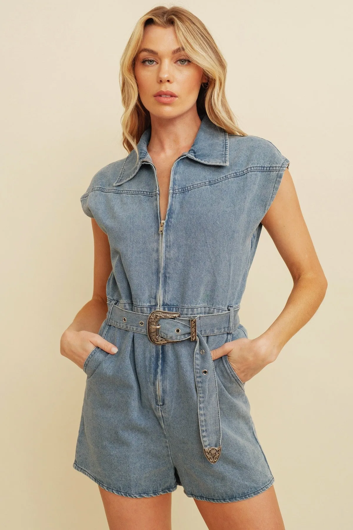 Denim Sleeveless Zip Up Belted Jean Romper