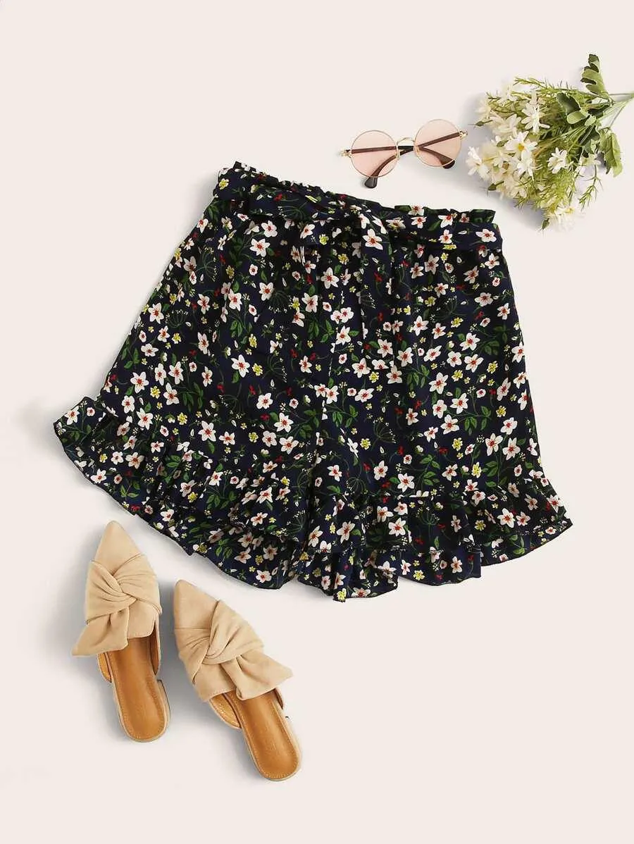 Ditsy Floral Ruffle Hem Belted Shorts