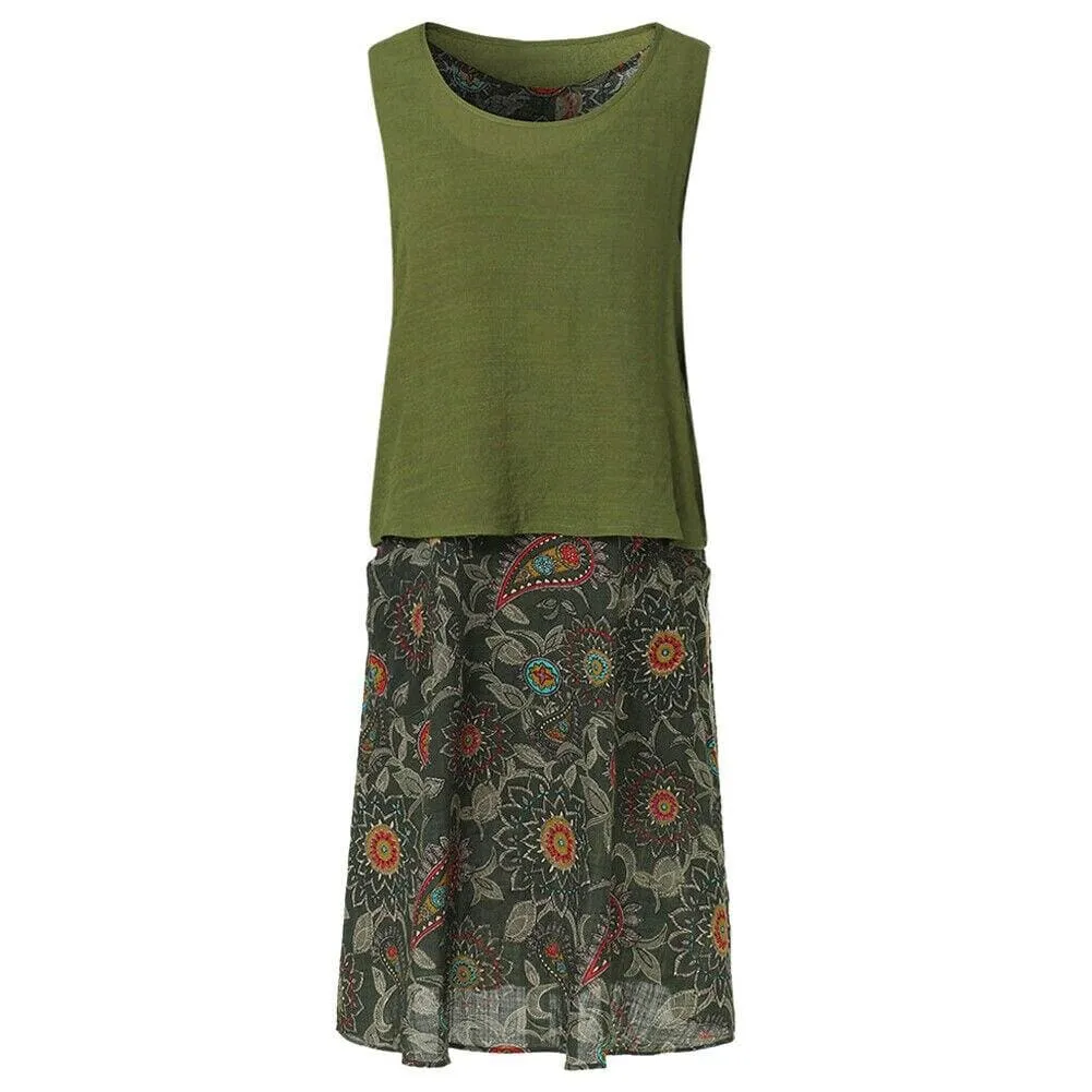 FashionSierra - Plus Size Bohemian Women 2 Pcs Casual Set Summer Sleeveless T-shirt Tee Top   Floral Dress Skirt Beach Holiday Suit