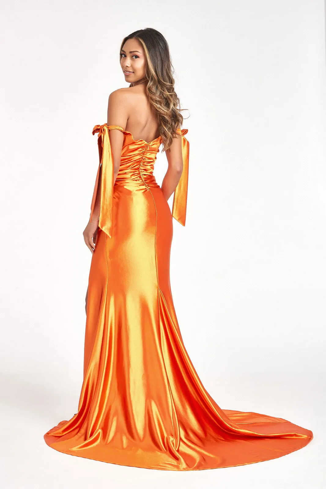 Fitted Off Shoulder Satin Gown by Elizabeth K GL3059