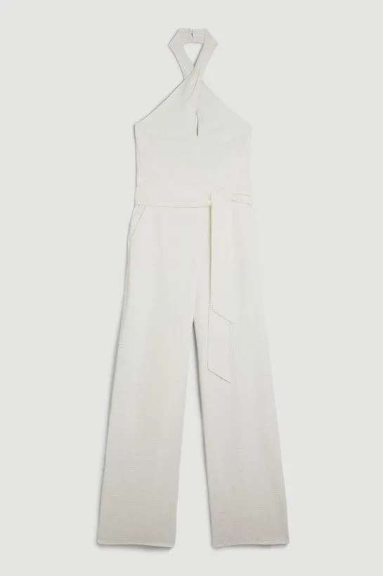 Ivory Compact Viscose Stretch Drape Tailored Jumpsuit