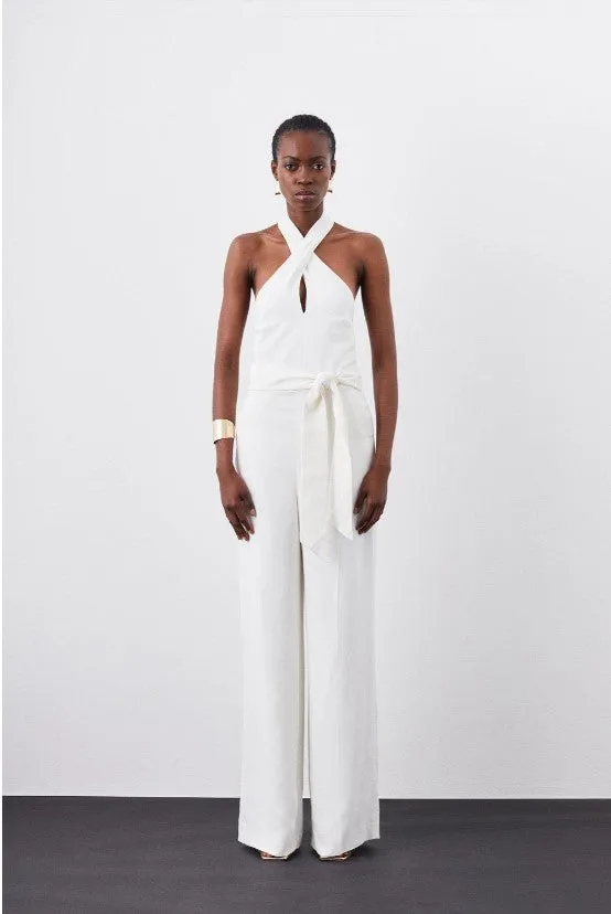 Ivory Compact Viscose Stretch Drape Tailored Jumpsuit