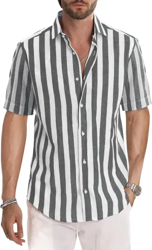 JMIERR Men's Casual Stylish Short Sleeve Button-Up Striped Dress Shirts Cotton Beach Shirt