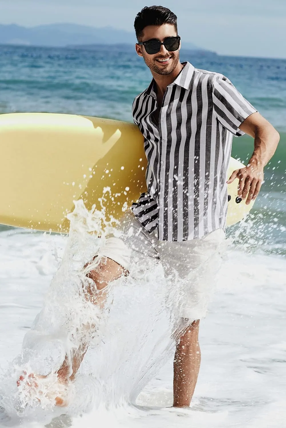 JMIERR Men's Casual Stylish Short Sleeve Button-Up Striped Dress Shirts Cotton Beach Shirt
