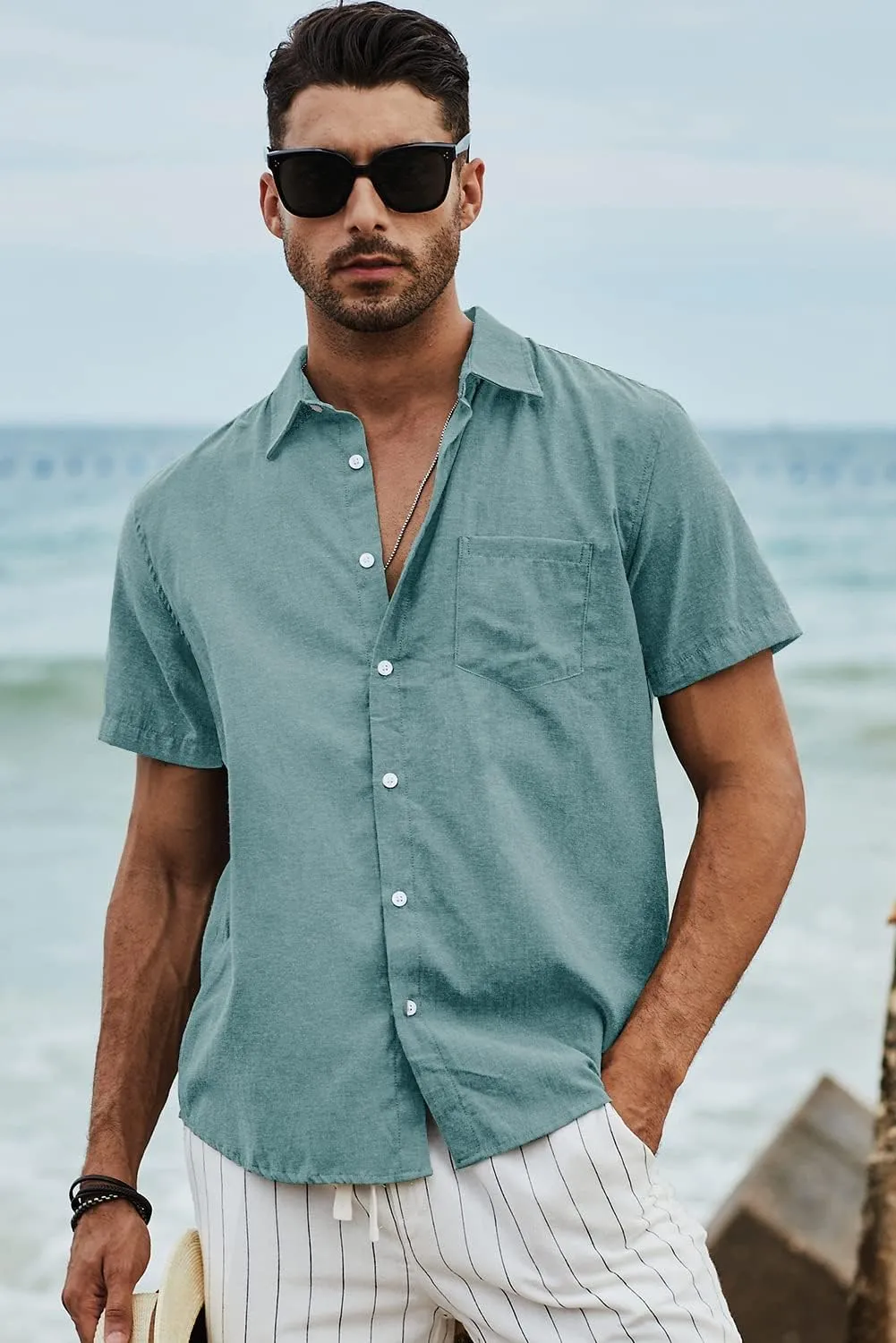 JMIERR Men's Casual Stylish Short Sleeve Button-Up Striped Dress Shirts Cotton Beach Shirt