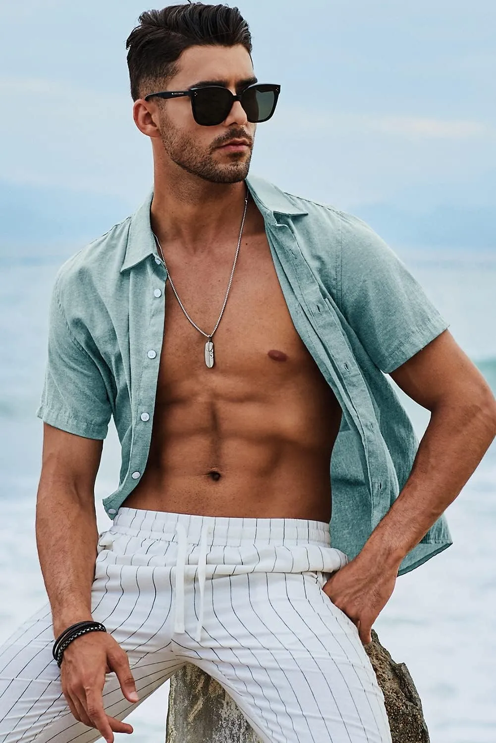 JMIERR Men's Casual Stylish Short Sleeve Button-Up Striped Dress Shirts Cotton Beach Shirt