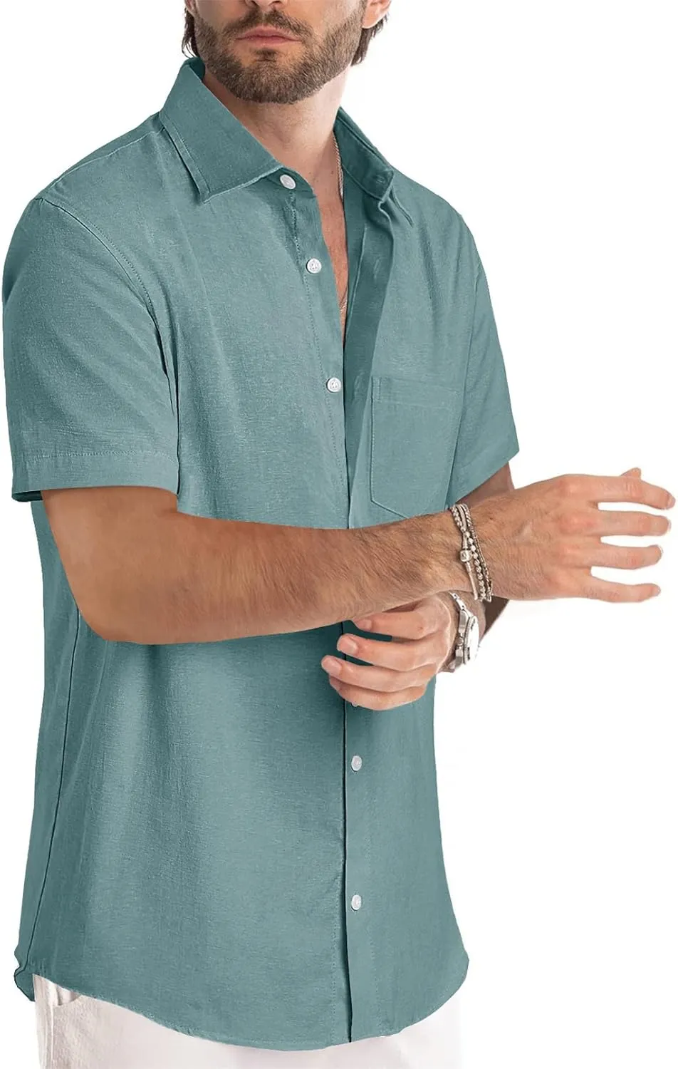 JMIERR Men's Casual Stylish Short Sleeve Button-Up Striped Dress Shirts Cotton Beach Shirt