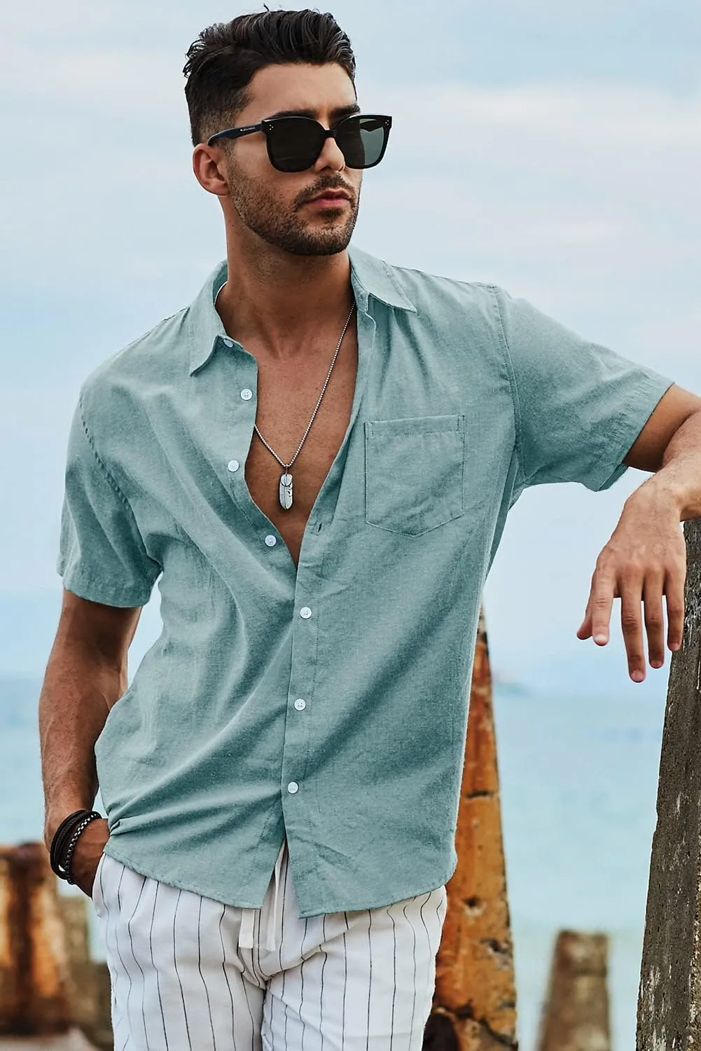 JMIERR Men's Casual Stylish Short Sleeve Button-Up Striped Dress Shirts Cotton Beach Shirt