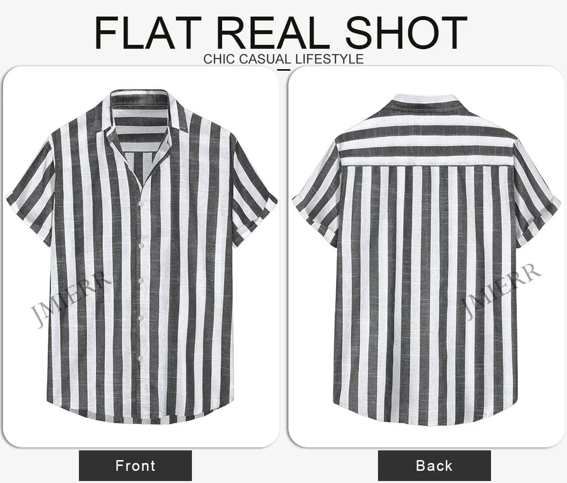 JMIERR Men's Casual Stylish Short Sleeve Button-Up Striped Dress Shirts Cotton Beach Shirt