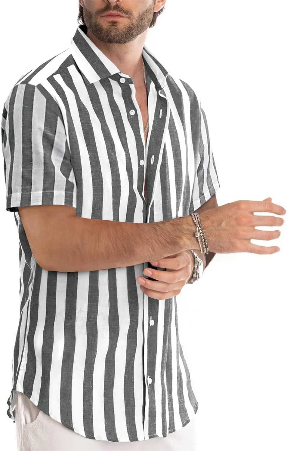 JMIERR Men's Casual Stylish Short Sleeve Button-Up Striped Dress Shirts Cotton Beach Shirt