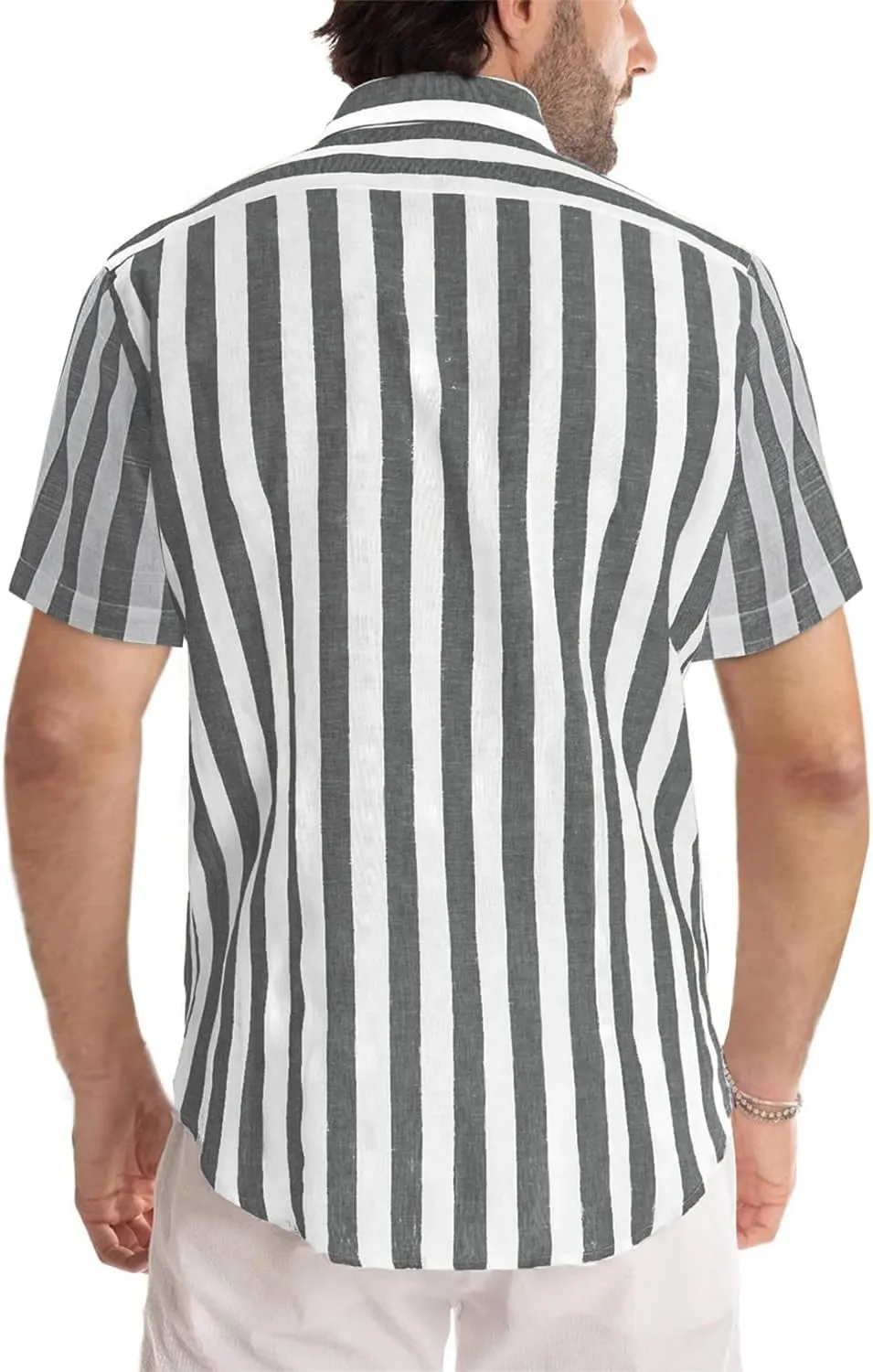 JMIERR Men's Casual Stylish Short Sleeve Button-Up Striped Dress Shirts Cotton Beach Shirt