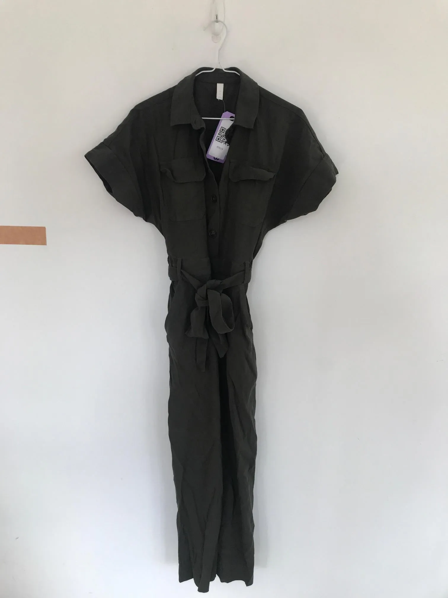 Khaki Wide Leg Belted Jumpsuit, H&M, Size 6 (Viscose, Polyester)