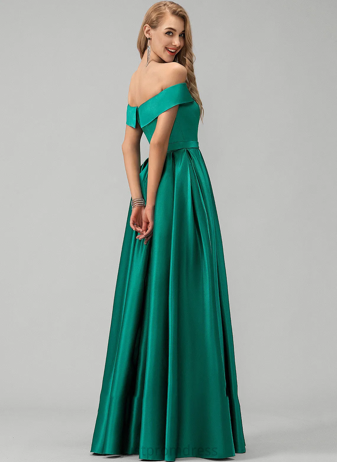 Lilia Split Off-the-Shoulder Floor-Length With Pockets Prom Dresses Ball-Gown/Princess Front Satin