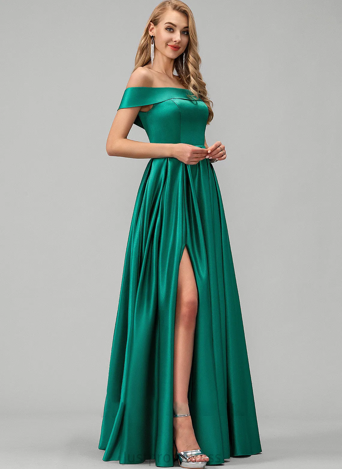 Lilia Split Off-the-Shoulder Floor-Length With Pockets Prom Dresses Ball-Gown/Princess Front Satin