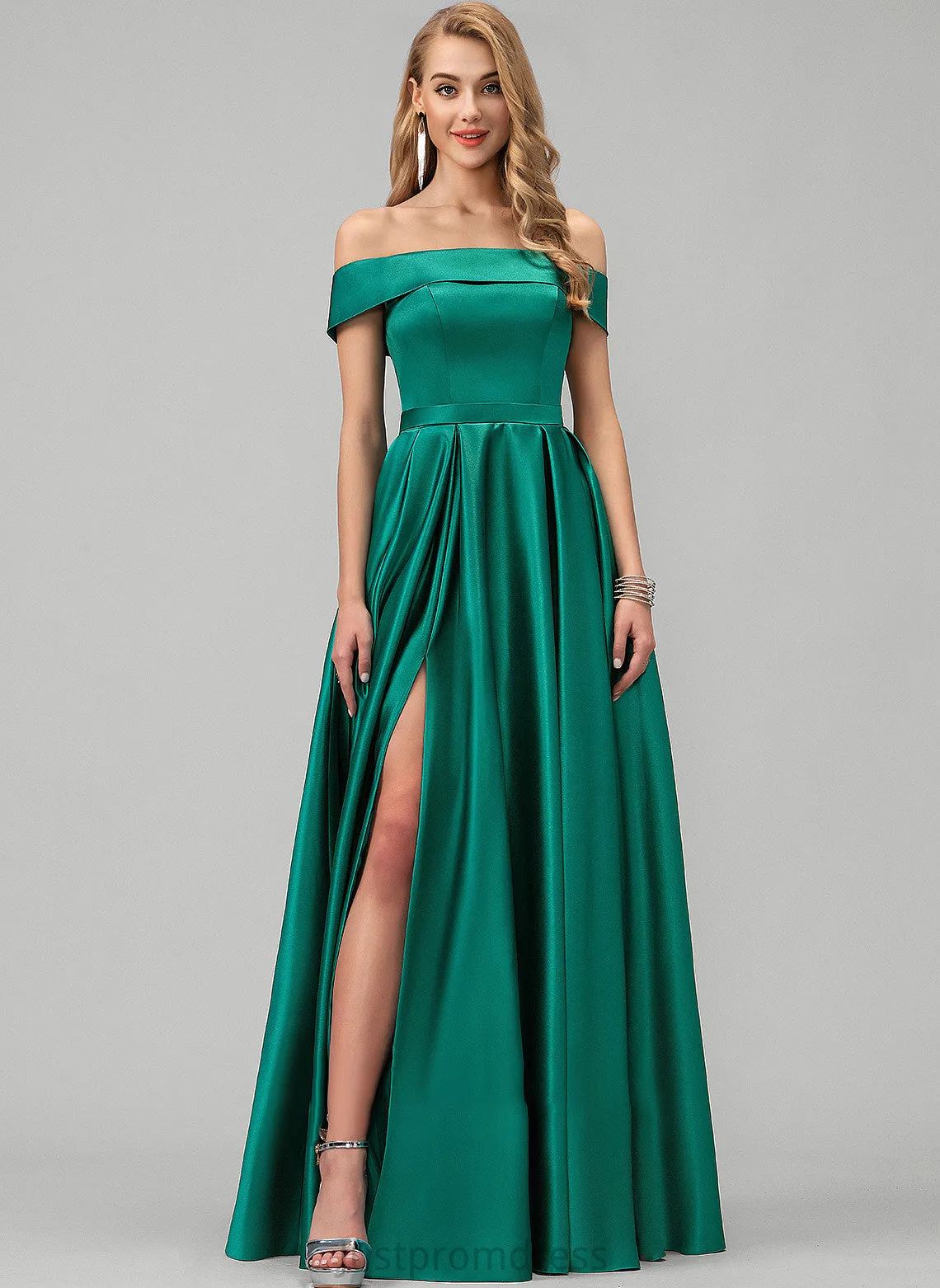Lilia Split Off-the-Shoulder Floor-Length With Pockets Prom Dresses Ball-Gown/Princess Front Satin