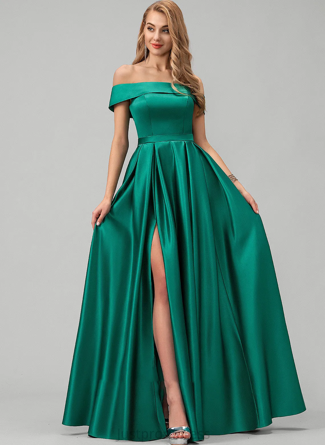 Lilia Split Off-the-Shoulder Floor-Length With Pockets Prom Dresses Ball-Gown/Princess Front Satin