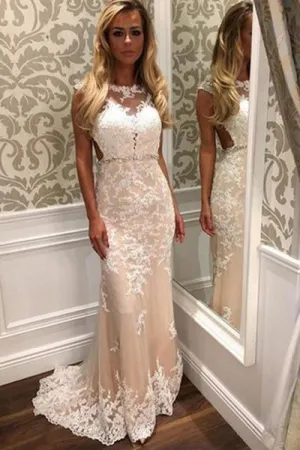 Luolandi Mermaid Tulle Beach Wedding Dress with White Lace Appliques Beaded Waist Wedding Gowns Beautiful