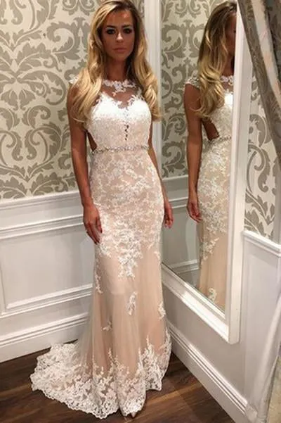 Luolandi Mermaid Tulle Beach Wedding Dress with White Lace Appliques Beaded Waist Wedding Gowns Beautiful