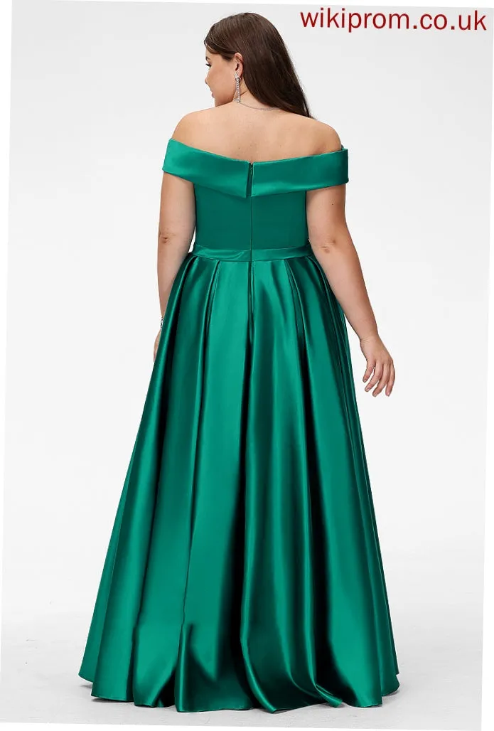 Off-the-Shoulder Pockets Fabric Length Embellishment Floor-Length Satin SplitFront Neckline Straps Justine Natural Waist Bridesmaid Dresses