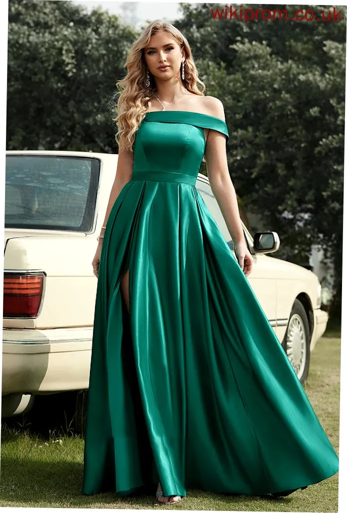 Off-the-Shoulder Pockets Fabric Length Embellishment Floor-Length Satin SplitFront Neckline Straps Justine Natural Waist Bridesmaid Dresses