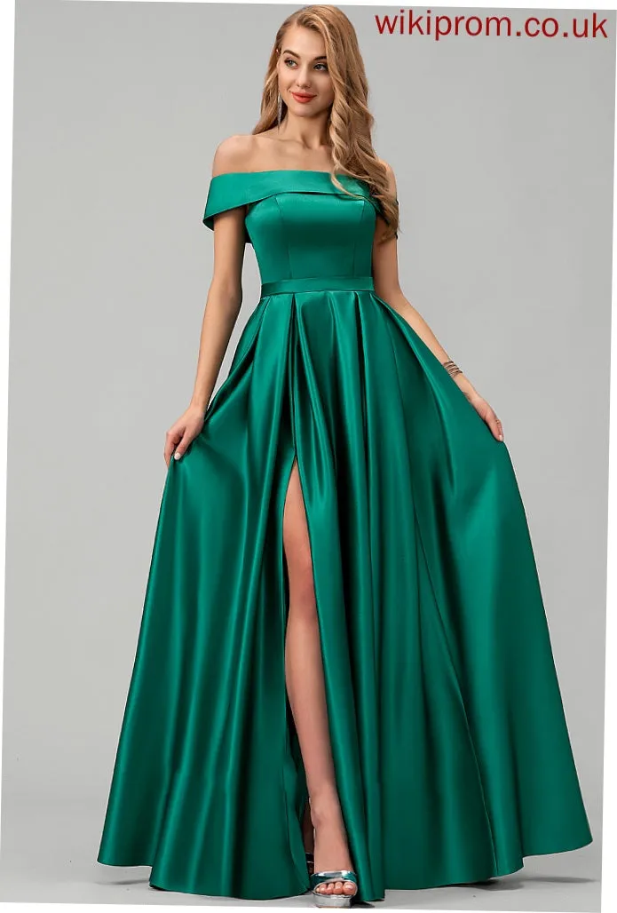 Off-the-Shoulder Pockets Fabric Length Embellishment Floor-Length Satin SplitFront Neckline Straps Justine Natural Waist Bridesmaid Dresses