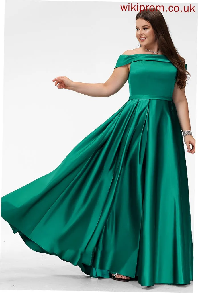 Off-the-Shoulder Pockets Fabric Length Embellishment Floor-Length Satin SplitFront Neckline Straps Justine Natural Waist Bridesmaid Dresses