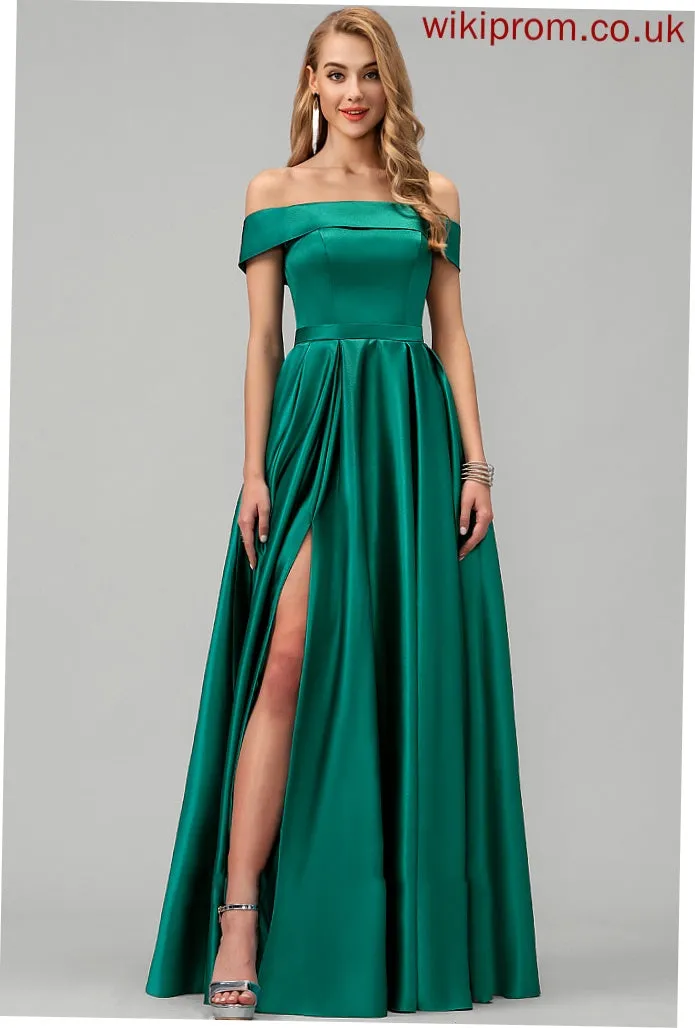Off-the-Shoulder Pockets Fabric Length Embellishment Floor-Length Satin SplitFront Neckline Straps Justine Natural Waist Bridesmaid Dresses