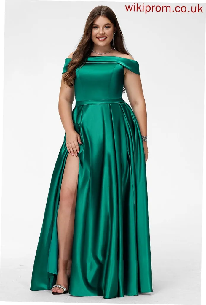 Off-the-Shoulder Pockets Fabric Length Embellishment Floor-Length Satin SplitFront Neckline Straps Justine Natural Waist Bridesmaid Dresses