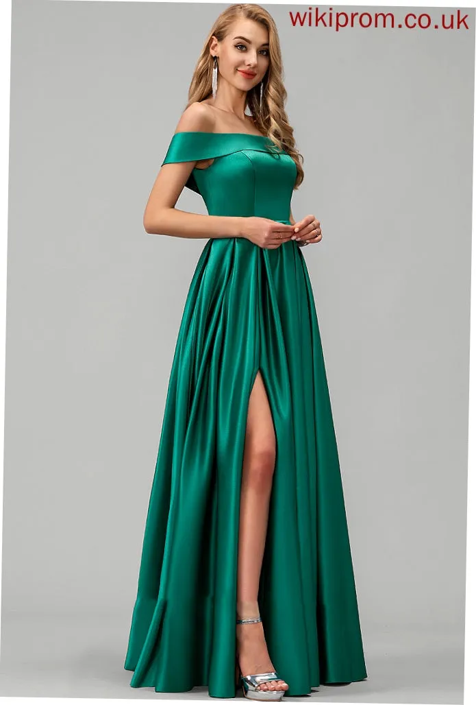 Off-the-Shoulder Pockets Fabric Length Embellishment Floor-Length Satin SplitFront Neckline Straps Justine Natural Waist Bridesmaid Dresses