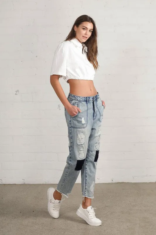 Patched Ripped Frayed Crop Jeans -online exclusive