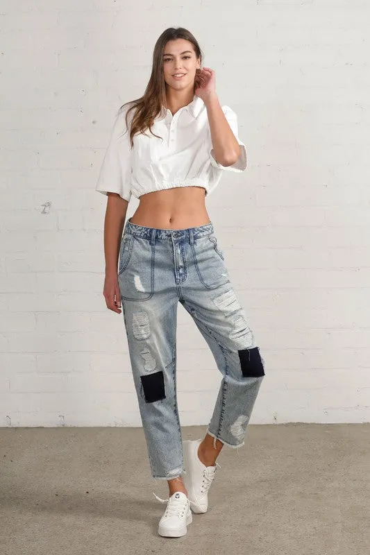 Patched Ripped Frayed Crop Jeans -online exclusive