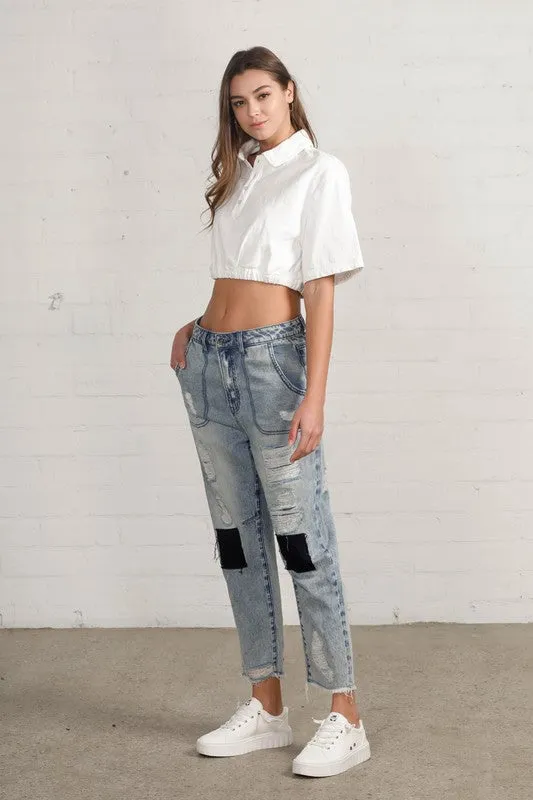 Patched Ripped Frayed Crop Jeans -online exclusive