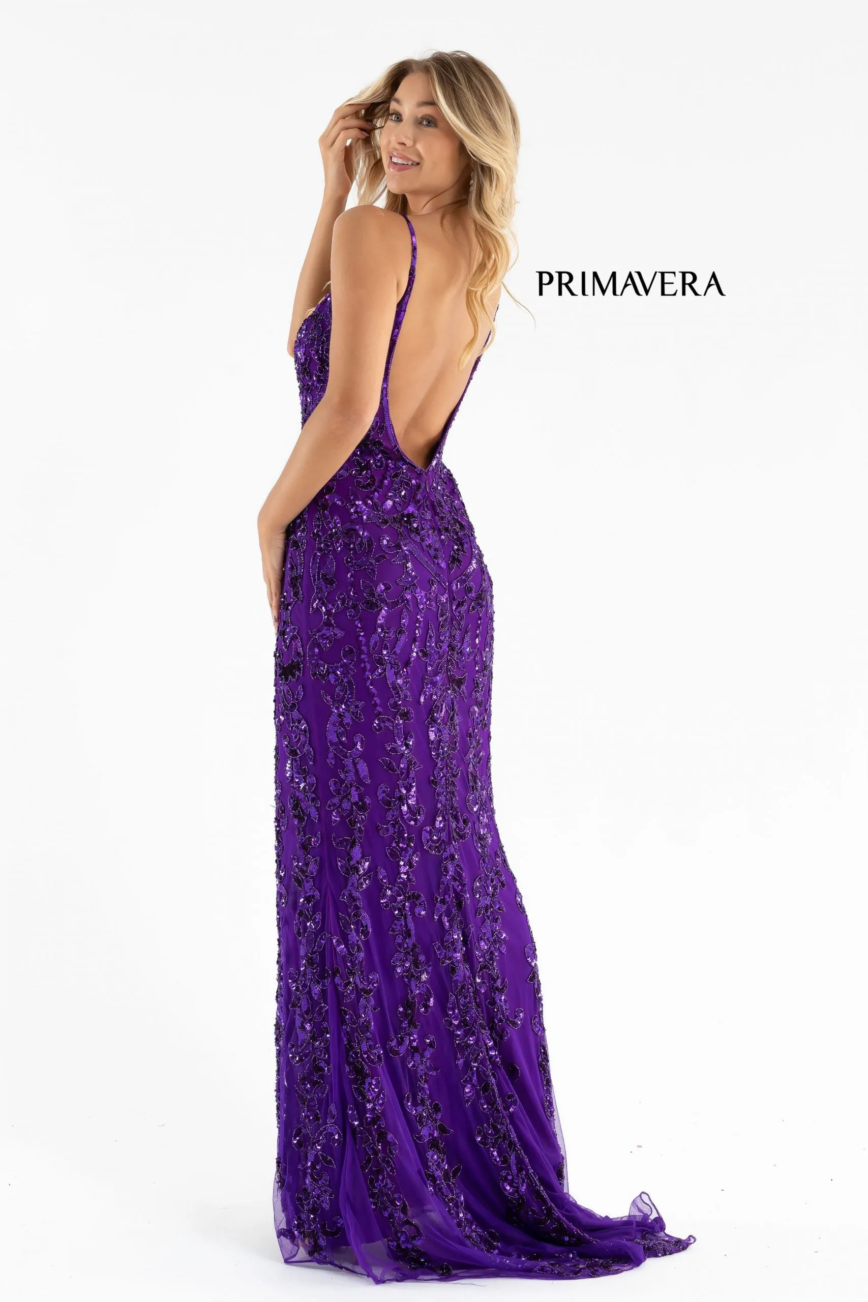 Primavera Couture 3749 Size 0 Ivory Sequined Prom Dress V Neckline Sweeping Train Evening Gown