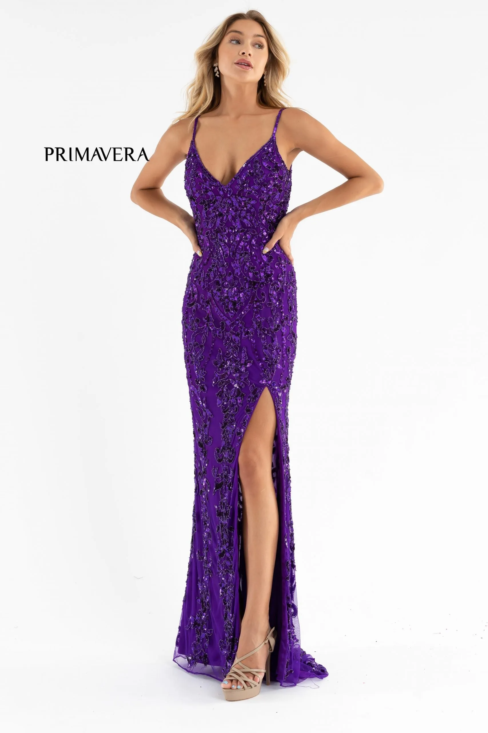 Primavera Couture 3749 Size 0 Ivory Sequined Prom Dress V Neckline Sweeping Train Evening Gown