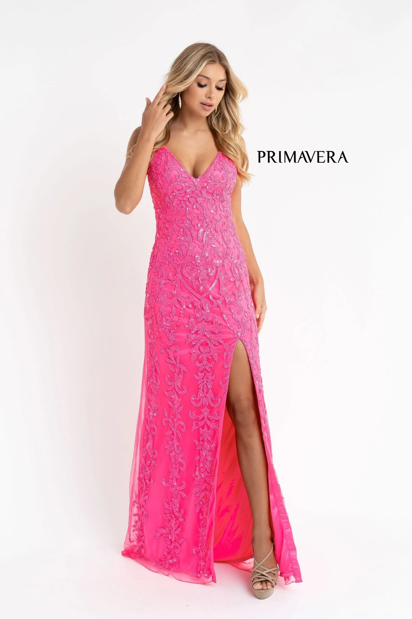 Primavera Couture 3749 Size 0 Ivory Sequined Prom Dress V Neckline Sweeping Train Evening Gown